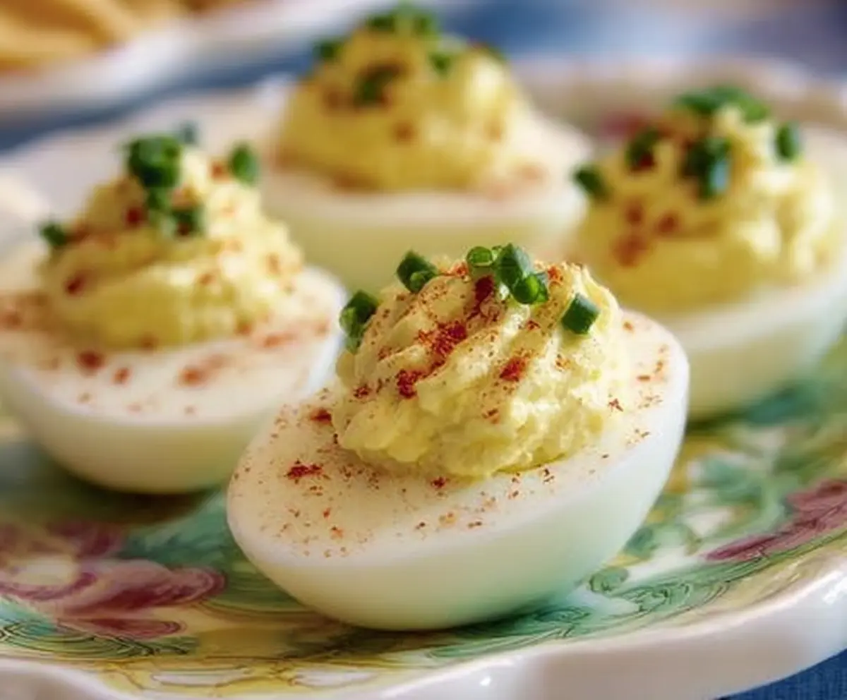 Cream Cheese Deviled Eggs garnished with paprika and fresh herbs.