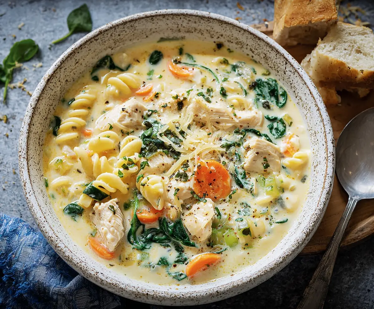 Creamy chicken pasta soup with fresh carrots and spinach, served in a bowl.