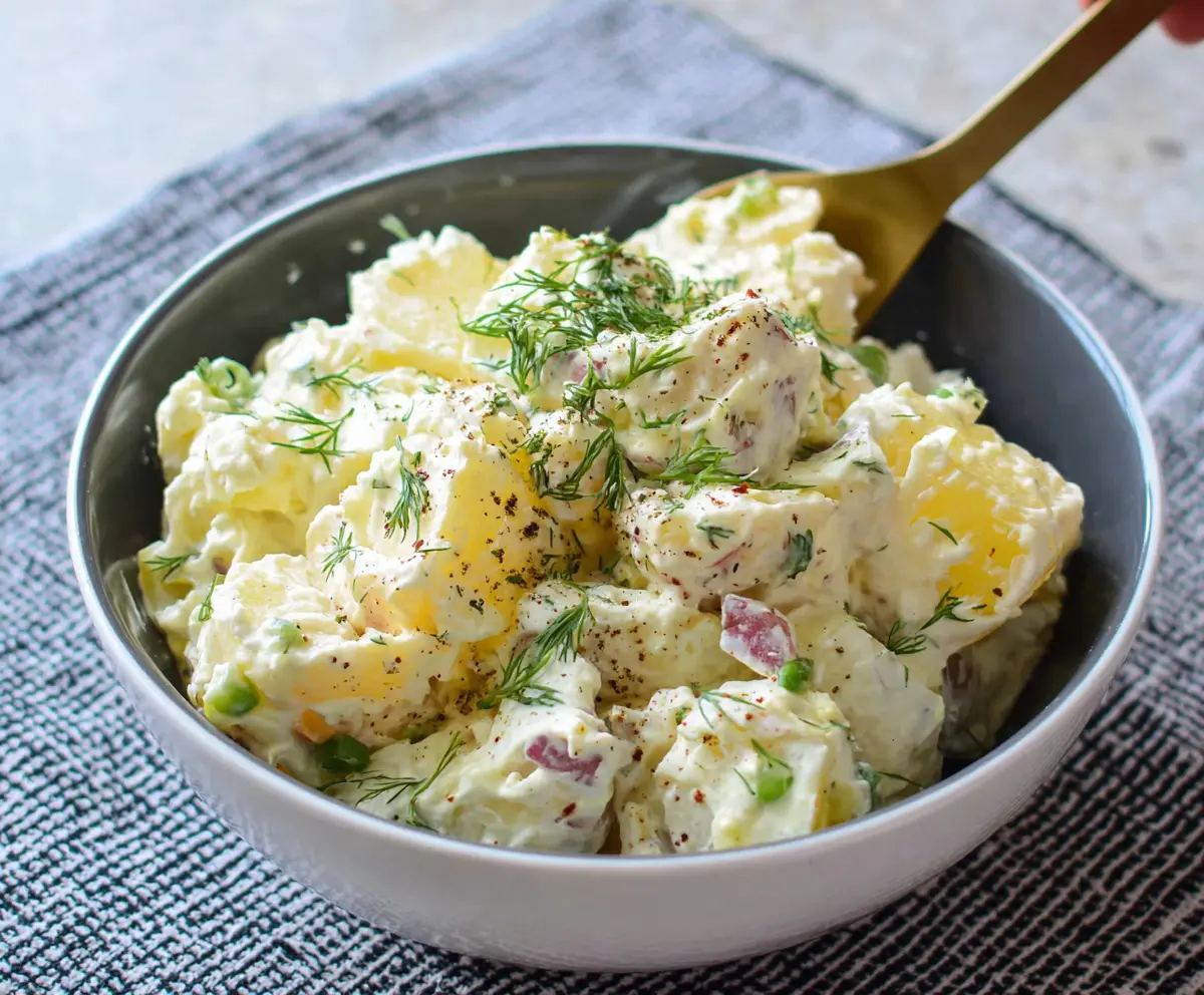 Creamy potato salad with fresh herbs and mayonnaise in a bowl