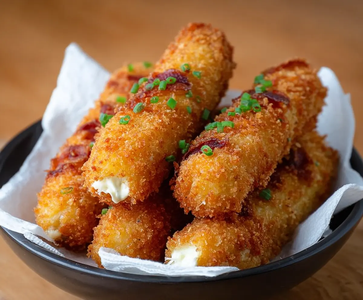 Crispy loaded potato cheese sticks topped with melted cheese and fresh herbs, perfect for snacks and parties.