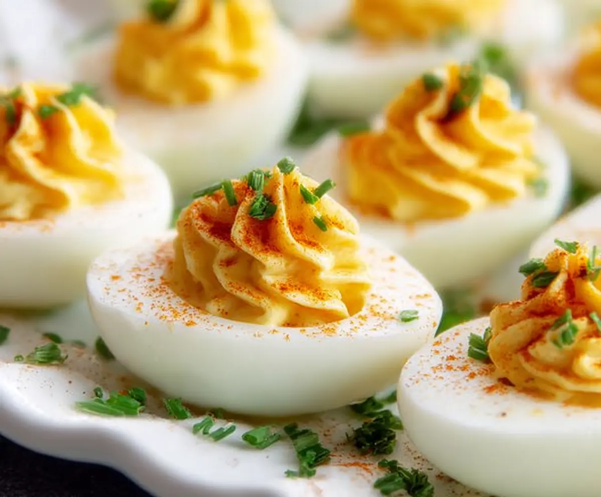Delicious deviled eggs garnished with paprika and fresh herbs on a white platter.
