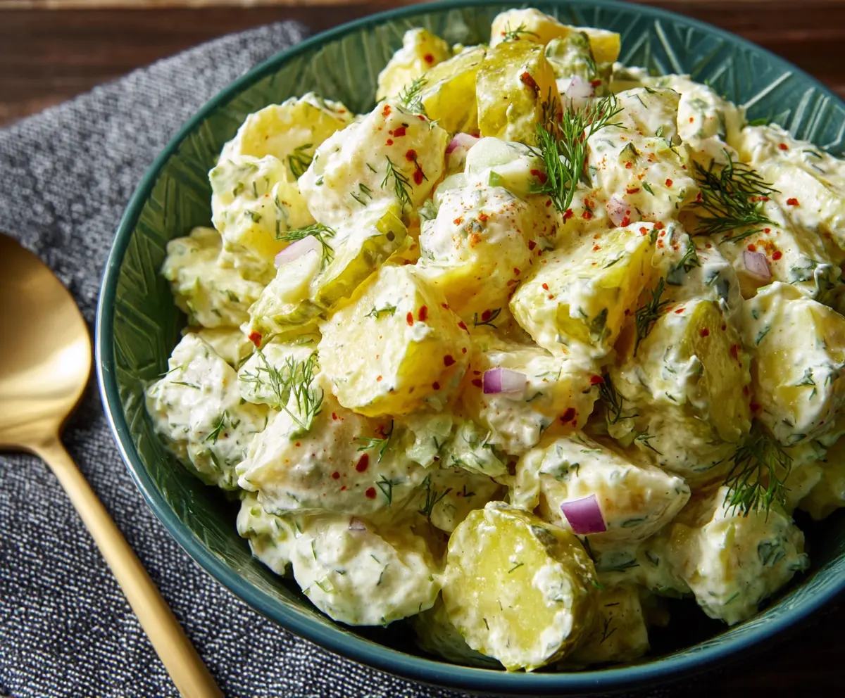 Creamy Dill Pickle Potato Salad with fresh herbs and crunchy pickles for a refreshing side dish