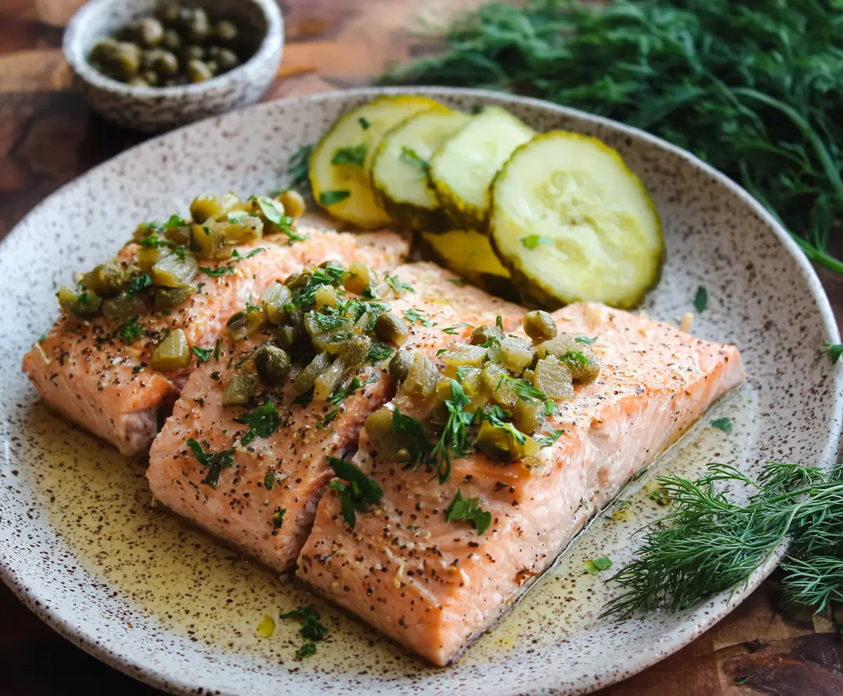 Delicious Dill Pickle Salmon dish garnished with fresh herbs on a plate.
