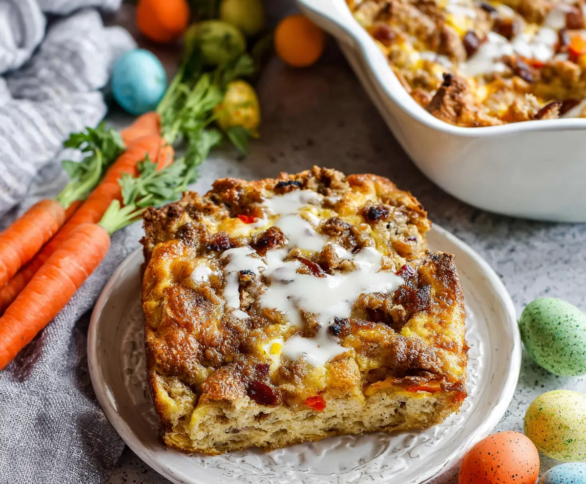 Delicious Easter Breakfast Bake with eggs, cheese, and vegetables in a baking dish.