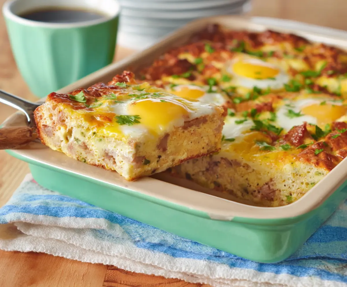 Delicious Easter Breakfast Casserole with eggs, cheese, and vegetables ready to serve.