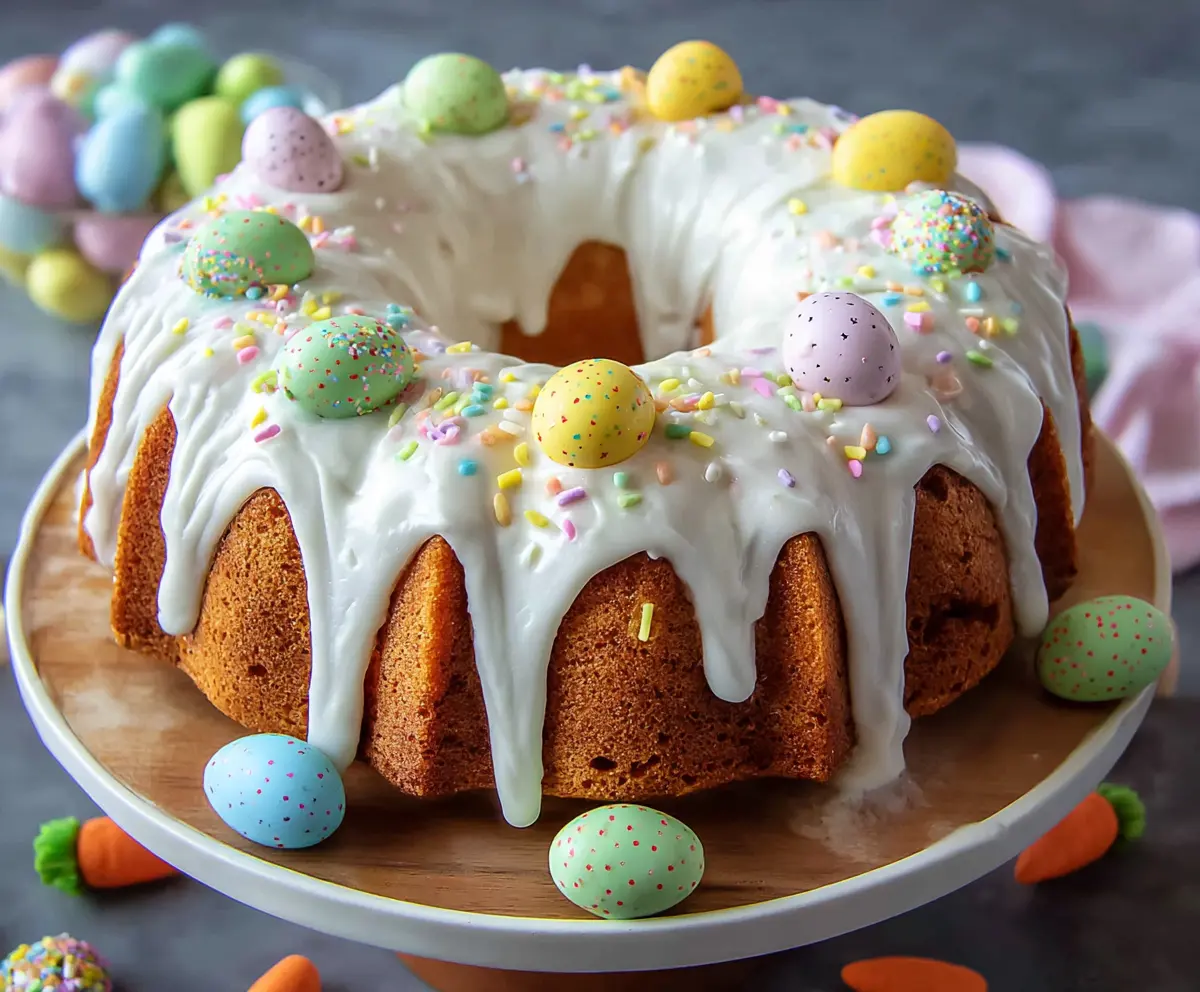 Delicious Easter Bundt Cake decorated with colorful icing and sprinkles for festive celebration.