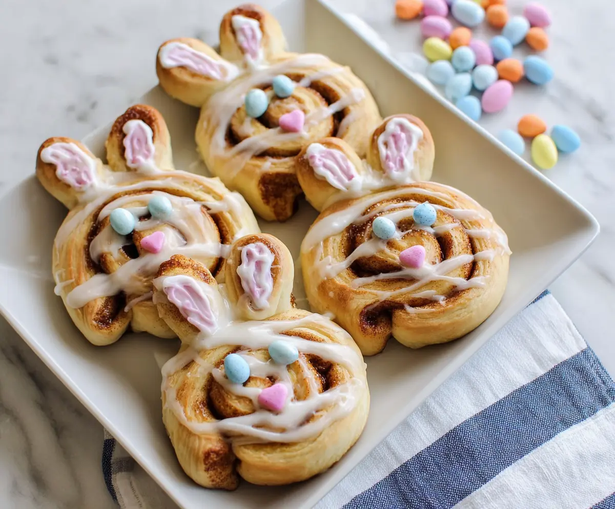 Easter Bunny Cinnamon Rolls with colorful icing and festive decorations for holiday treats.