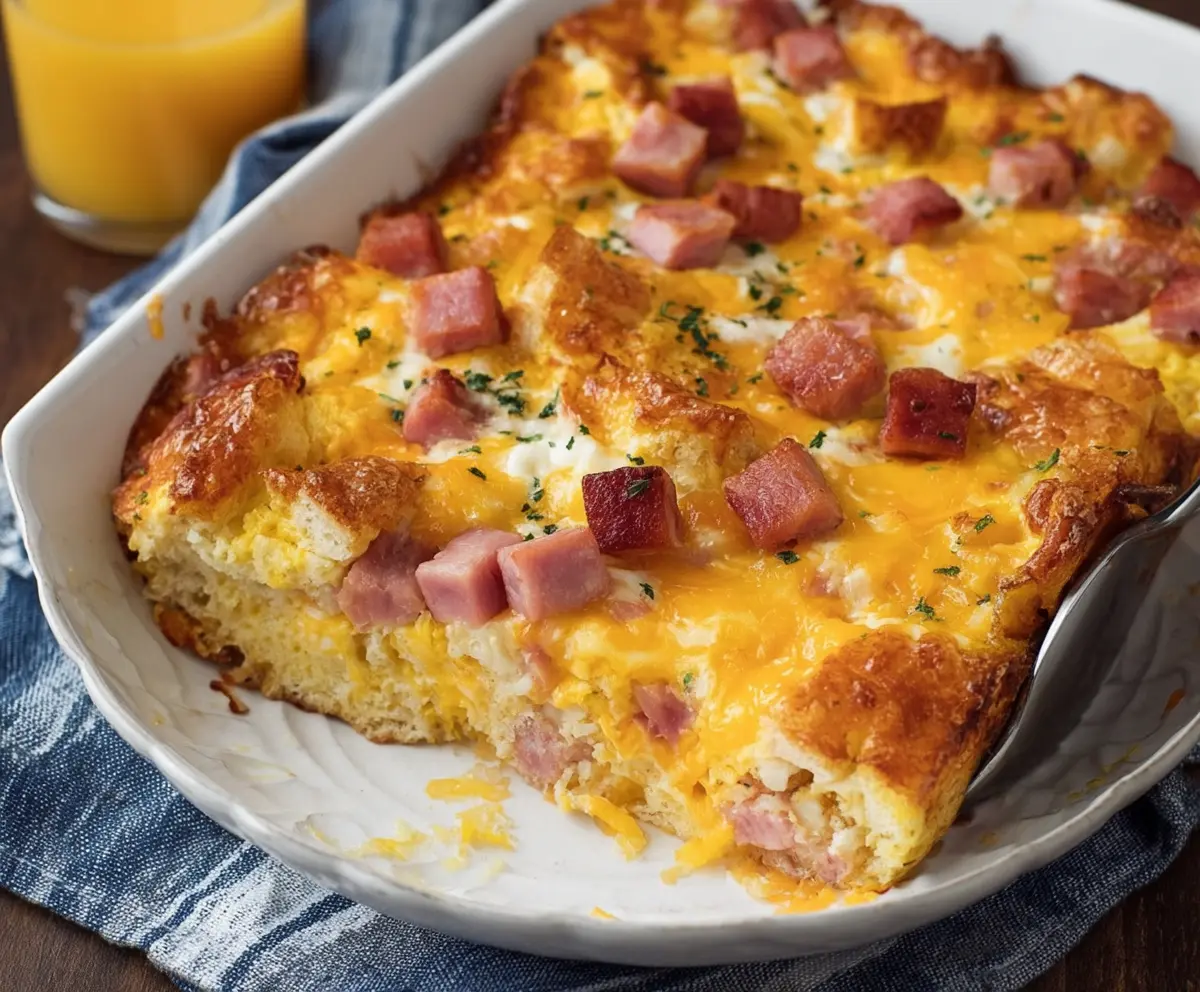 Delicious Easter cheesy ham and egg casserole with melted cheese and fresh ingredients.