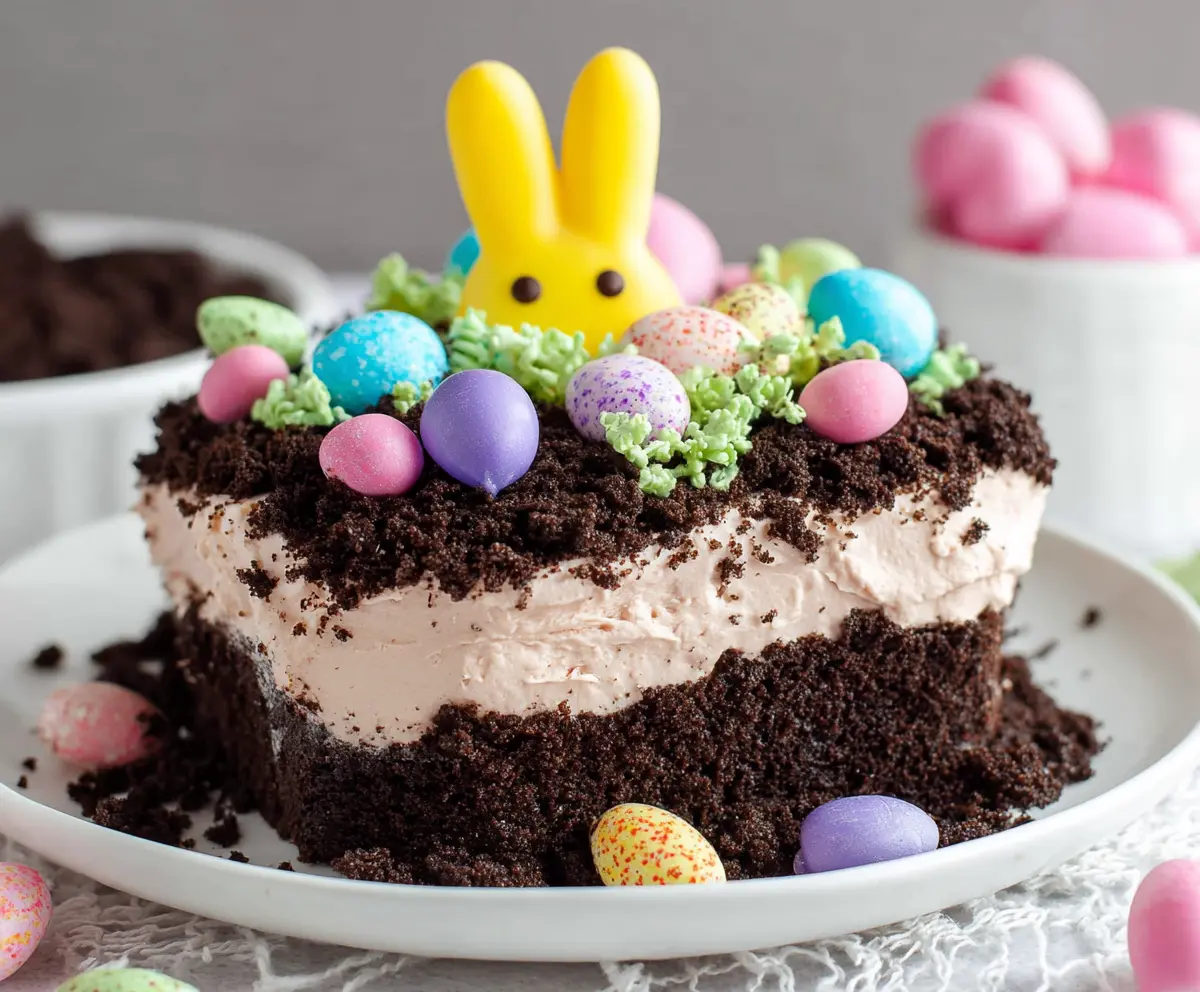 Easter Dirt Cake dessert with gummy worms and chocolate topping for a festive celebration.