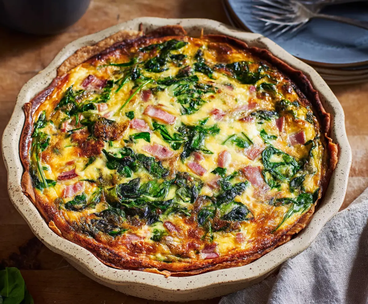 Delicious Easter Ham and Spinach Quiche sliced on a plate, showcasing a golden crust and fresh ingredients.