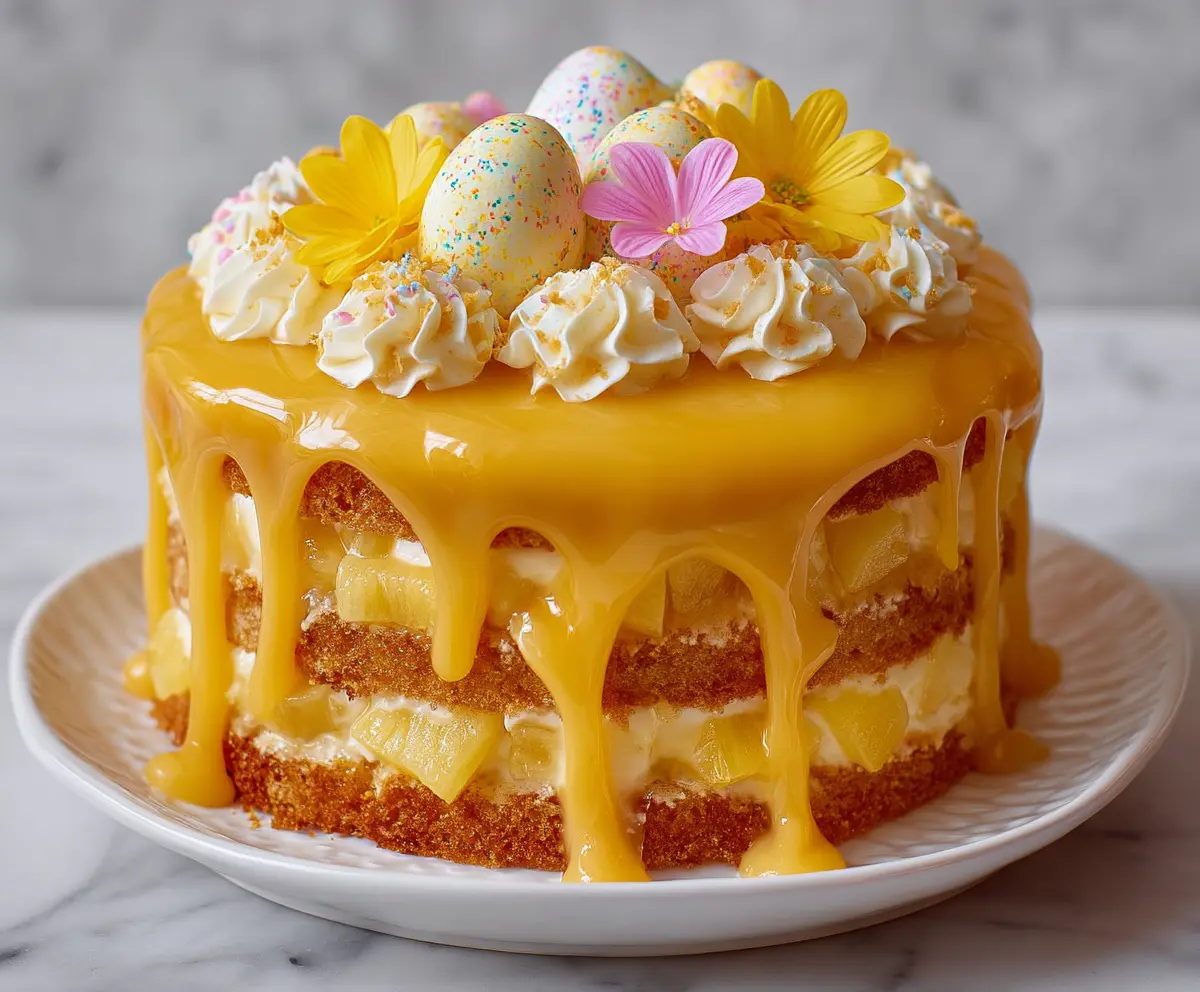 Delicious Easter Pineapple Heaven Cake with colorful fruit topping and moist sponge layers