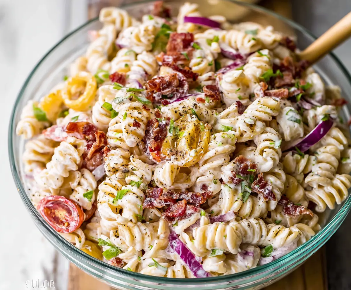 Delicious Fresh Ranch Pasta Salad with Crispy Bacon and Fresh Vegetables.