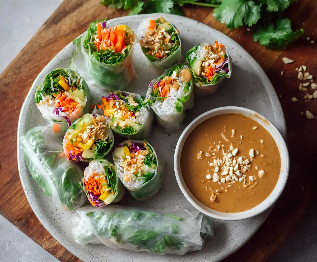Colorful fresh spring rolls filled with vegetables and herbs served with creamy peanut sauce.