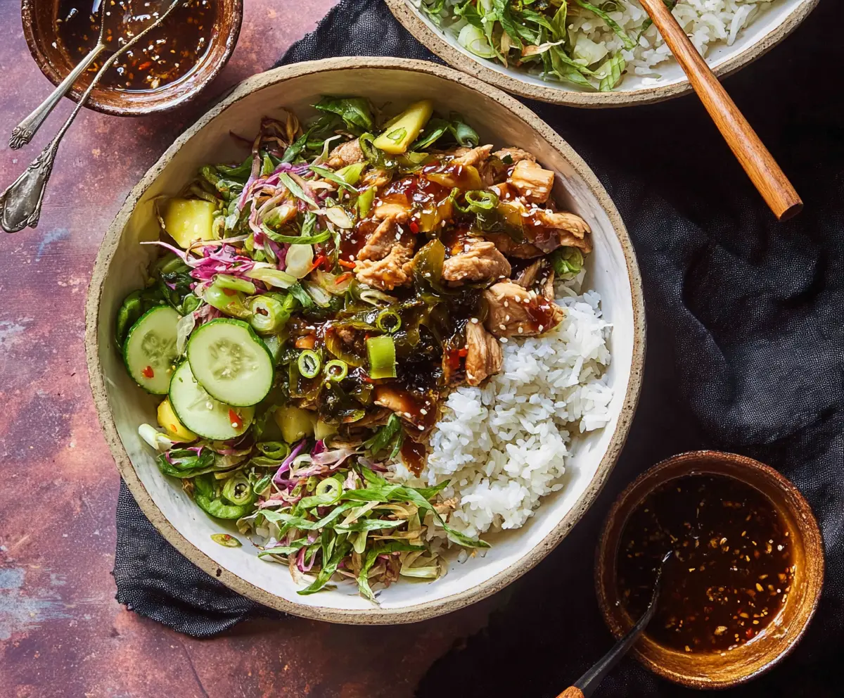 Delicious Ginger Scallion Chicken Bowl with fresh herbs and tender chicken served over rice.