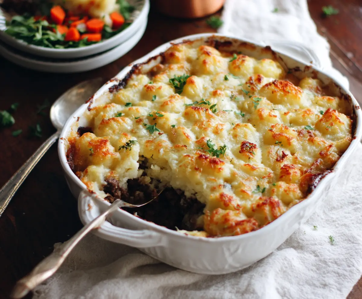 Delicious Gnocchi Shepherd's Pie served in a rustic dish, showcasing golden-brown gnocchi topped with hearty meat filling.