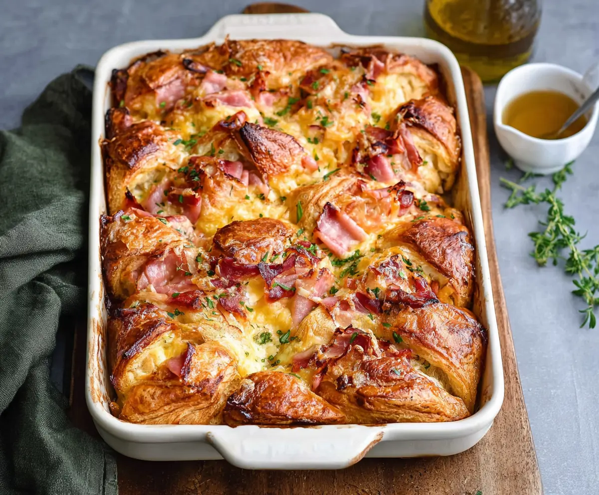 Delicious ham and cheese croissant brunch bake served hot with fresh herbs.