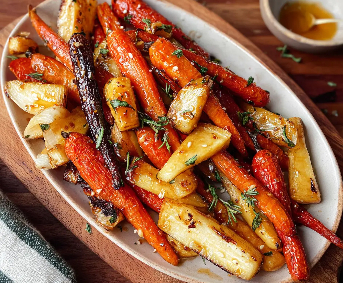 Delicious honey garlic roasted carrots and parsnips on a serving plate