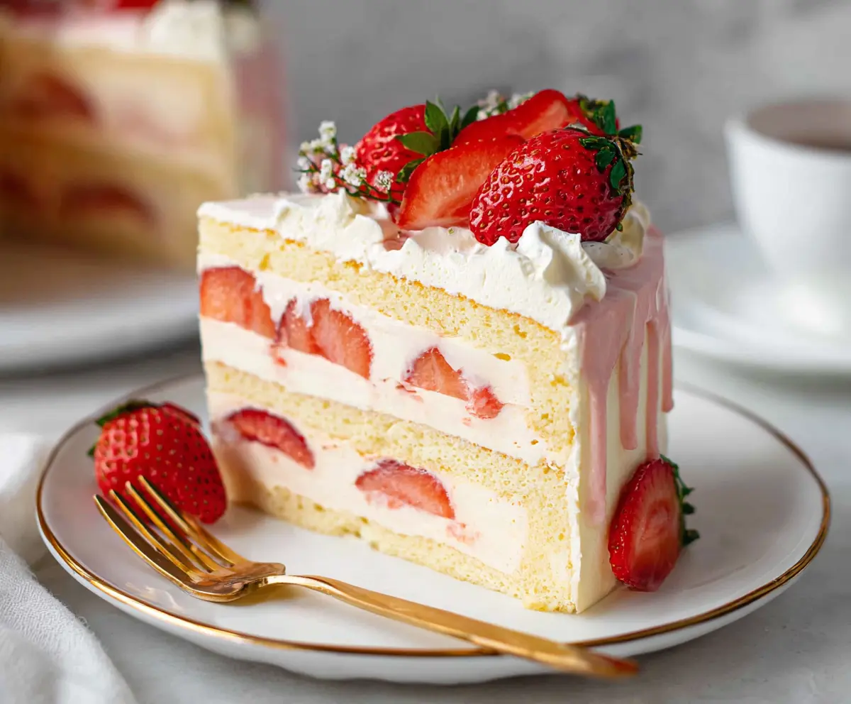 Delicious Japanese strawberry cake with fresh strawberries and fluffy sponge layers