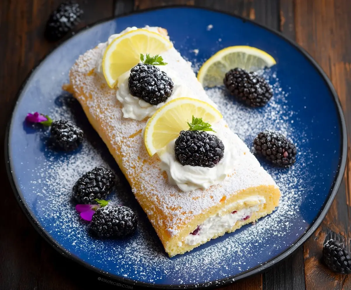 Delicious lemon and blackberry cake roll with fresh berries and lemon zest.
