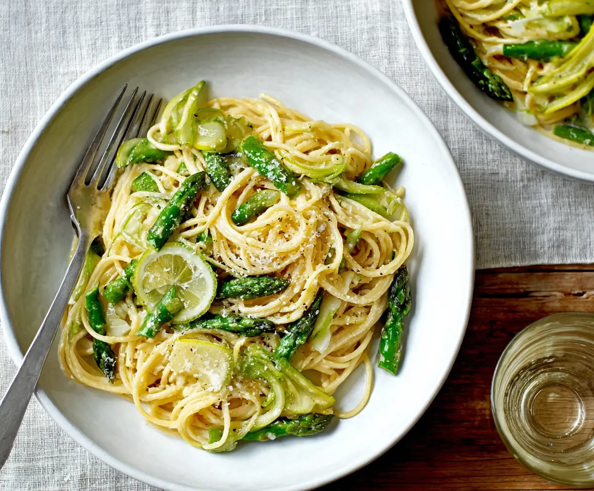 Creamy lemon asparagus pasta served in a bowl, garnished with fresh herbs.