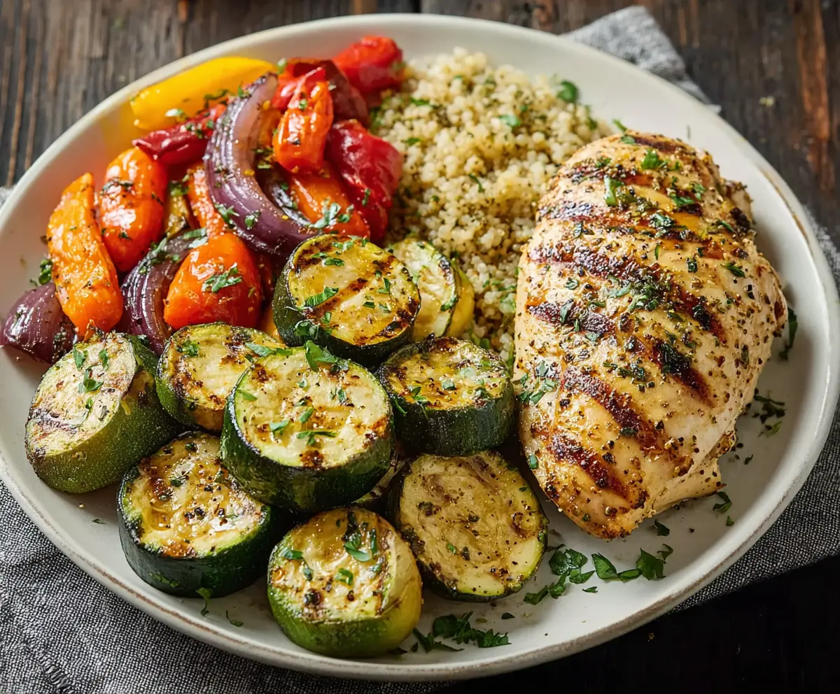 Delicious lemon herb chicken served with colorful roasted vegetables on a plate.
