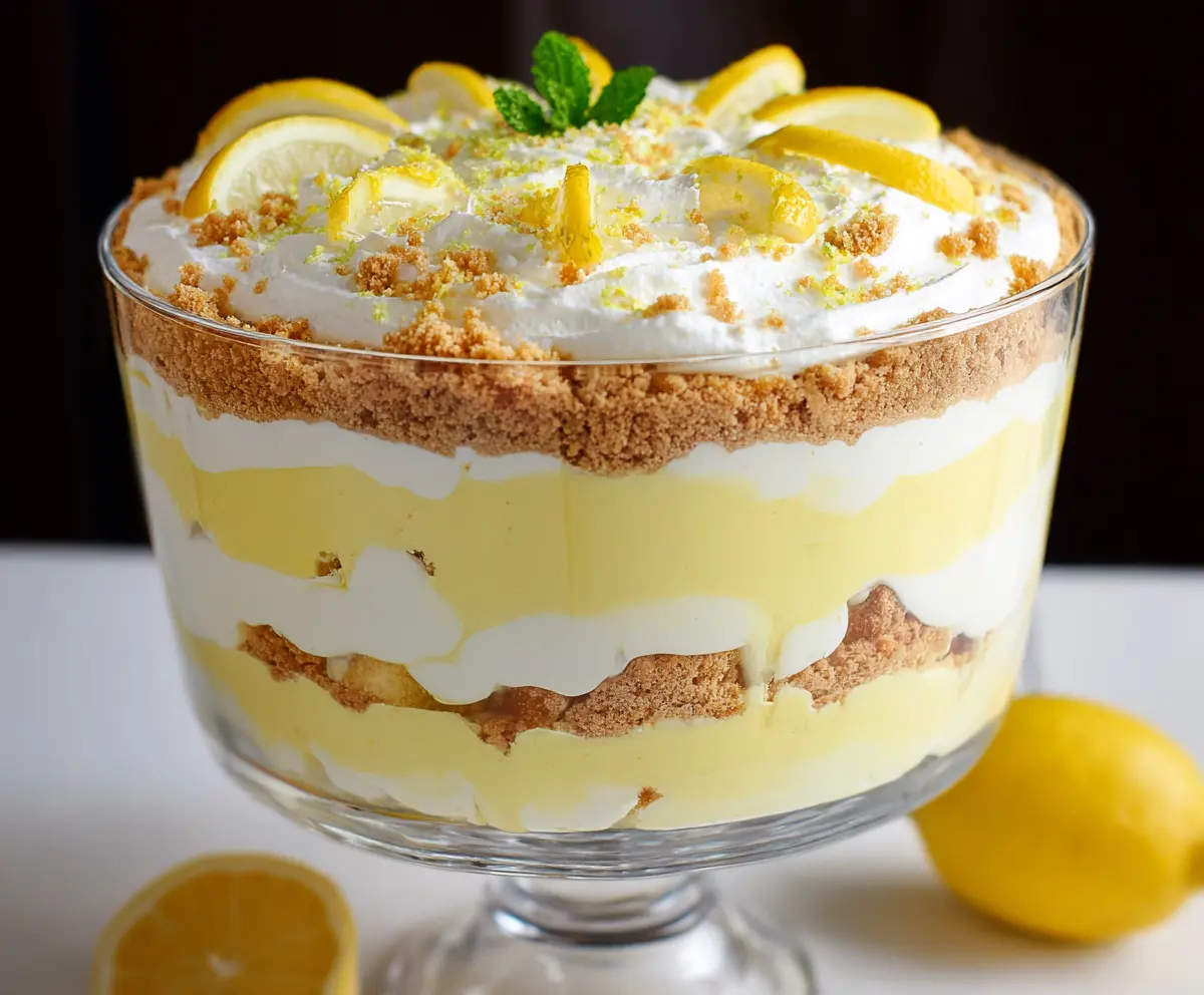 Delicious Lemon Lush Trifle dessert with layers of lemon cream and whipped topping