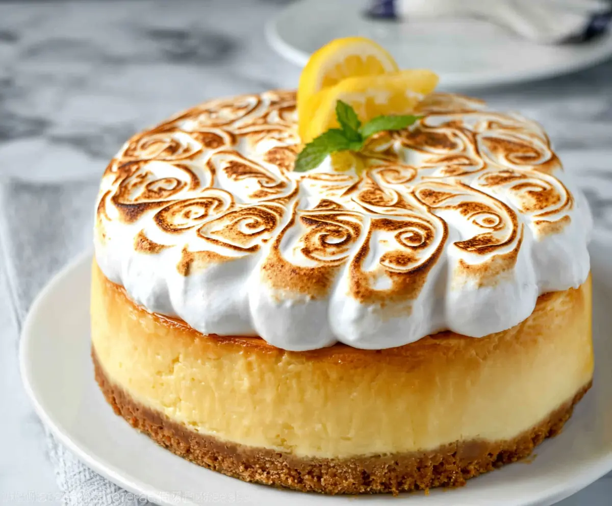 Slice of Lemon Meringue Cheesecake with golden meringue topping on a white plate.