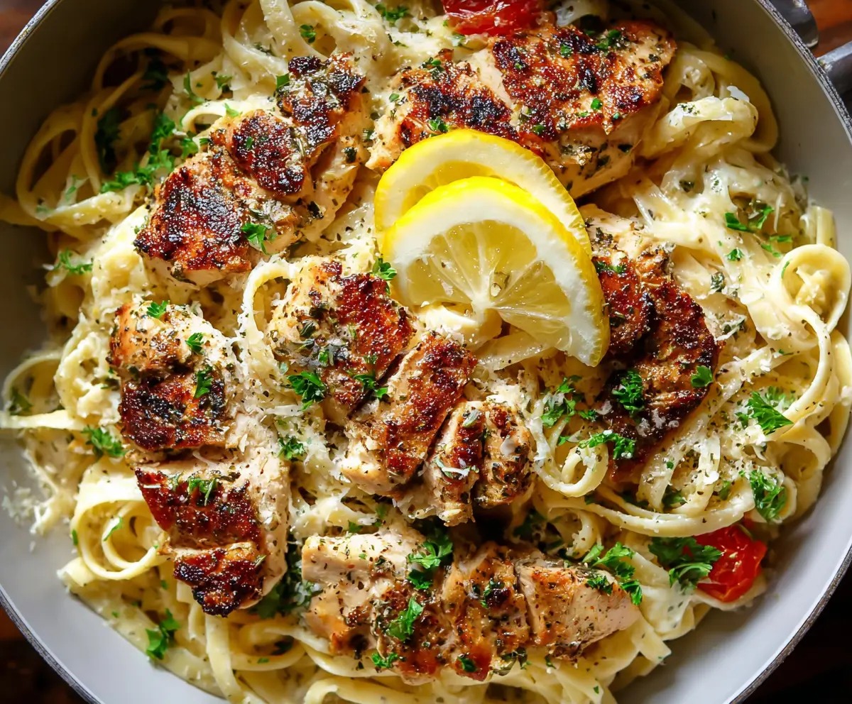Delicious Lemon Pepper Chicken Pasta served on a plate with fresh herbs and lemon slices