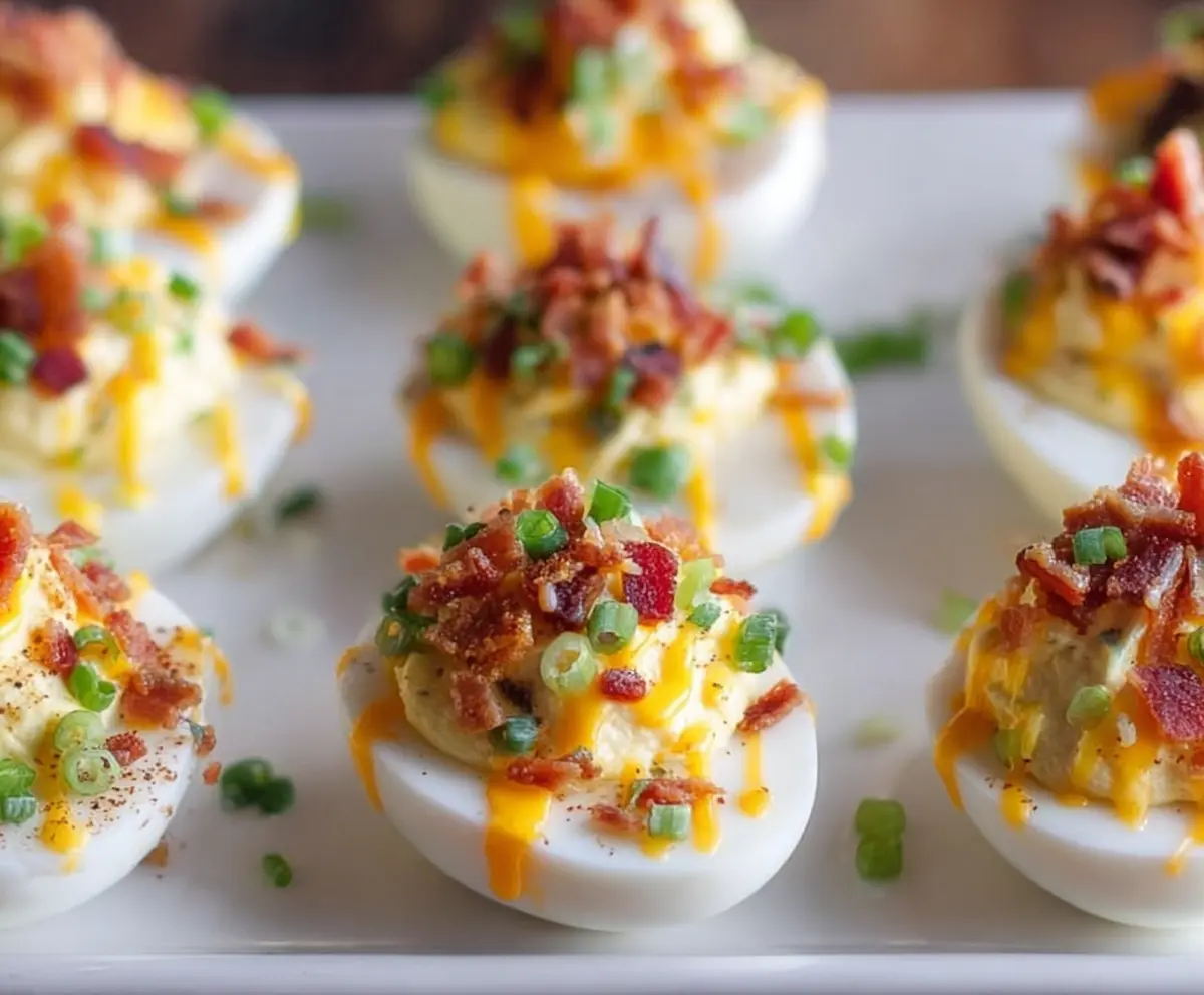 Delicious loaded deviled eggs topped with bacon, chives, and shredded cheese on a white plate.
