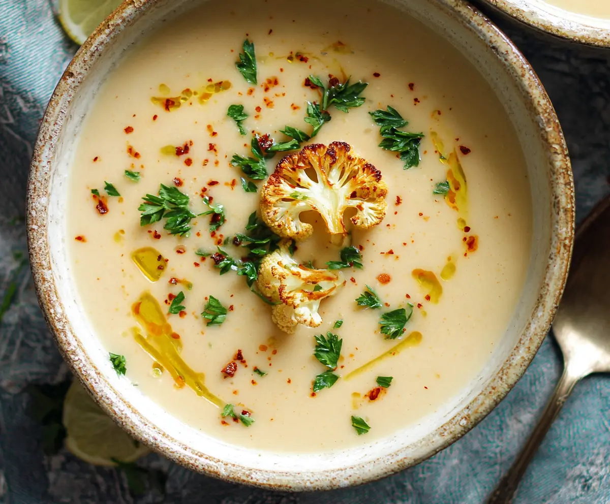 Creamy Mediterranean cauliflower soup garnished with herbs and olive oil in a bowl.
