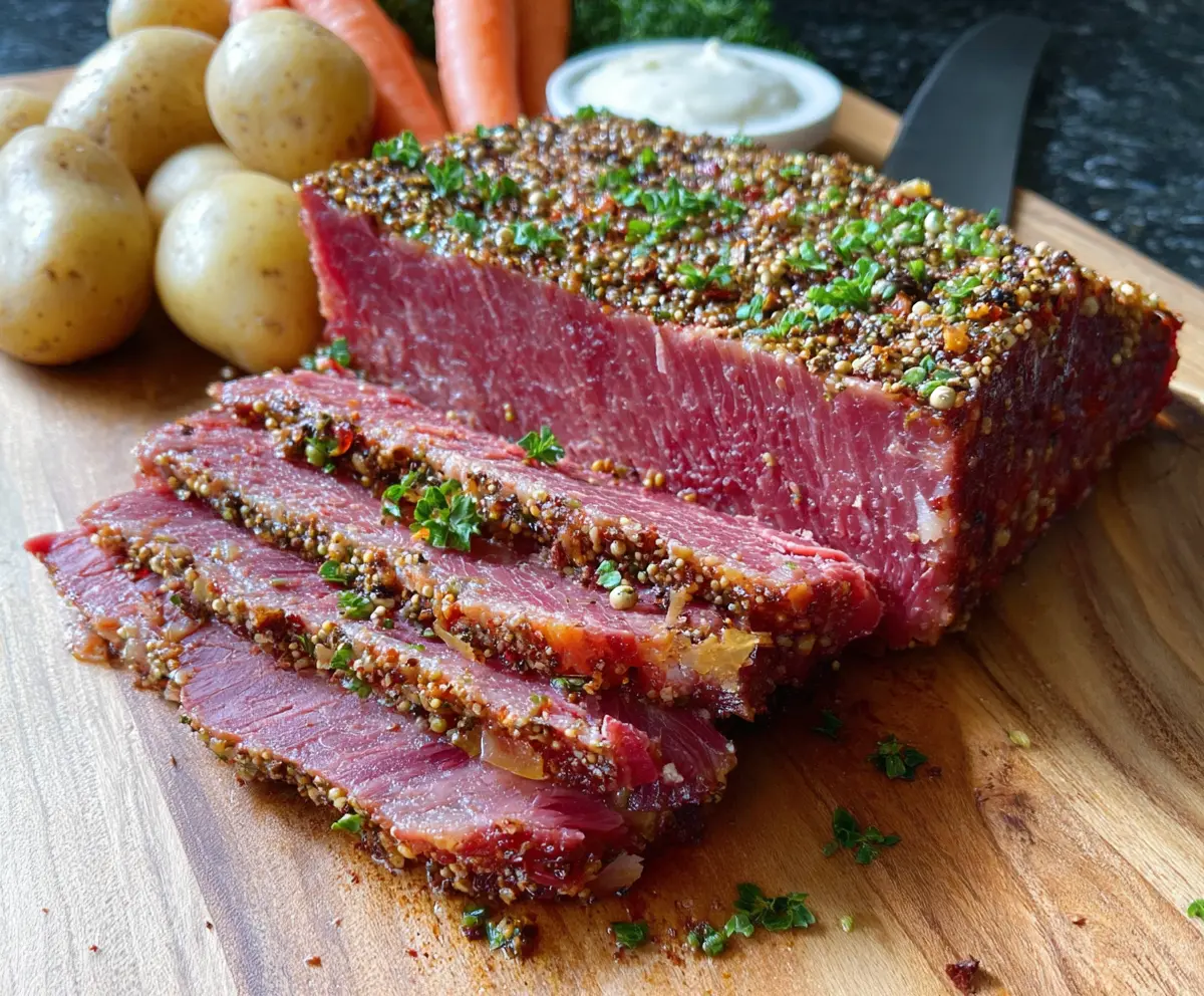 Oven Roasted Corned Beef served with crispy vegetables and golden potatoes.