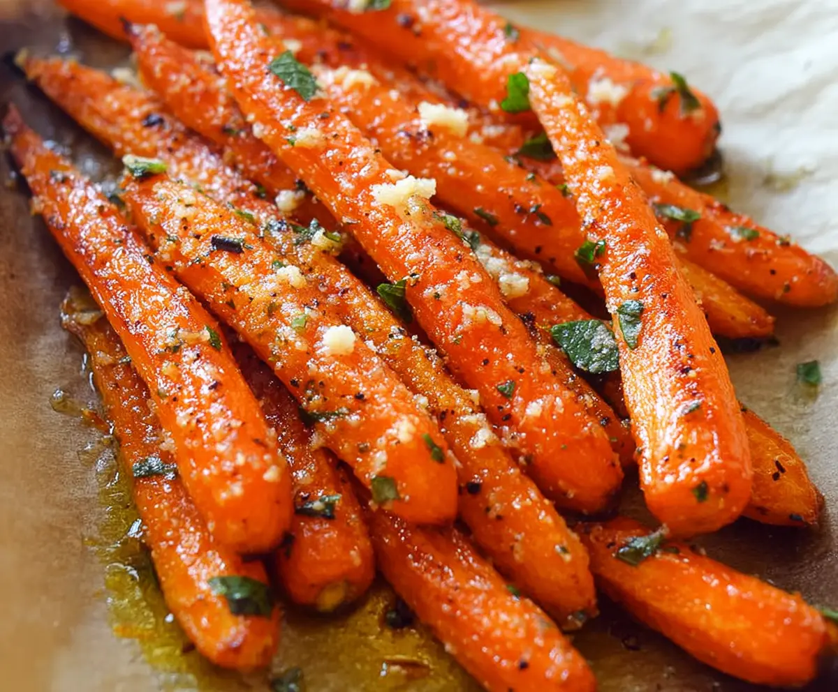 Delicious Parmesan Garlic Roasted Carrots on a plate garnished with herbs