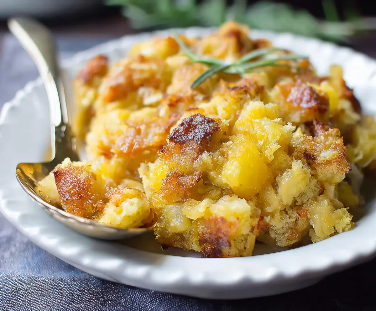 Delicious pineapple stuffing served in a bowl, perfect for holiday dinners.
