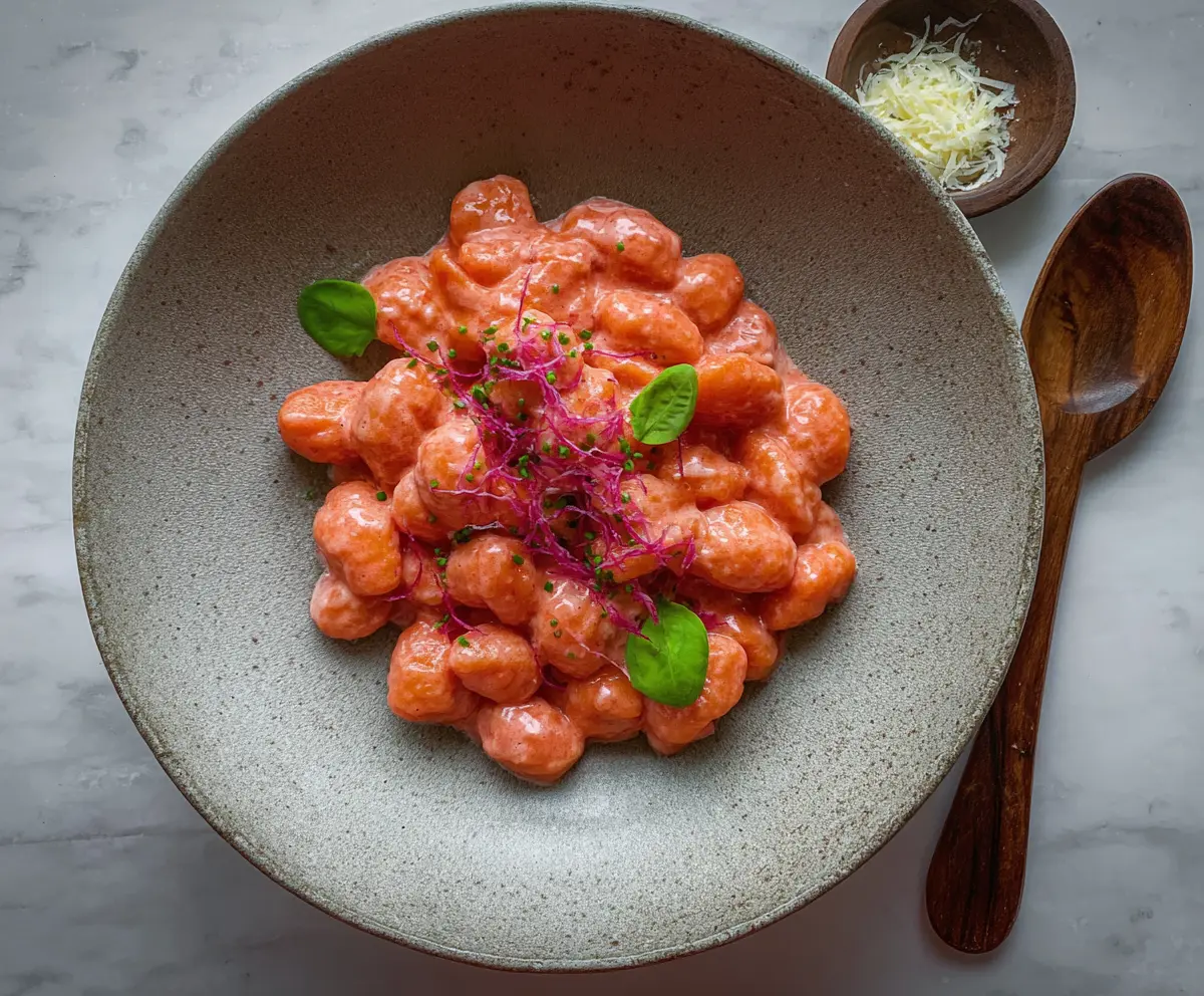Bright pink gnocchi served on a white plate with fresh herbs, showcasing a vibrant and colorful Italian dish.