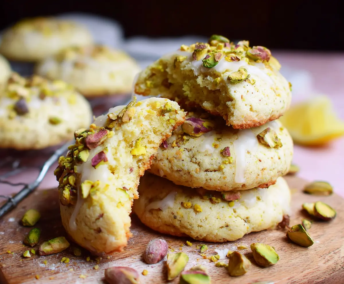 Delicious pistachio lemon cookies with chopped pistachios and vibrant lemon zest on a rustic plate.