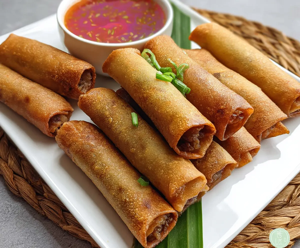 Crispy pork lumpia served with dipping sauce on a white plate, perfect Filipino appetizer.