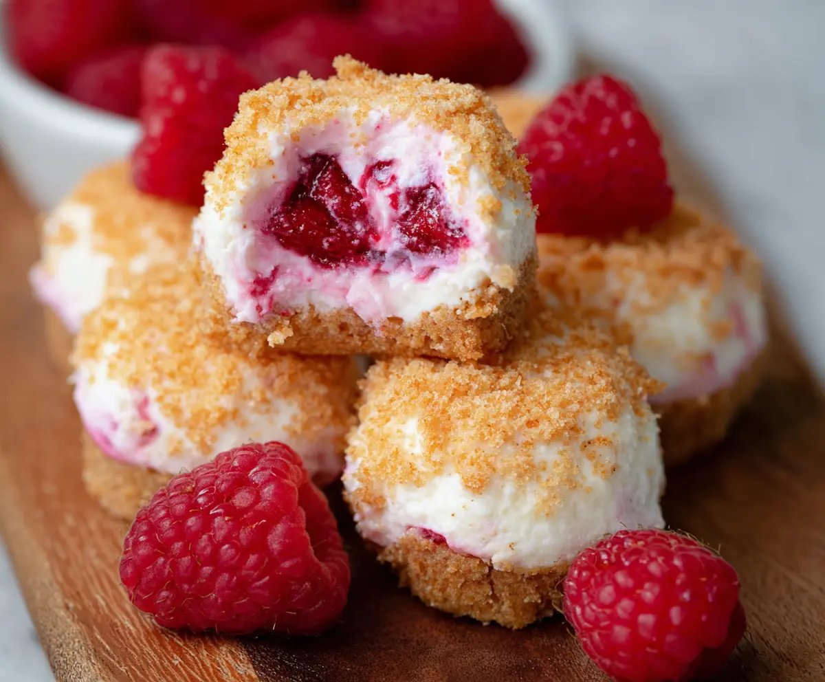 Delicious Raspberry Cheesecake Bites with fresh raspberries and creamy cheesecake filling on a white plate.