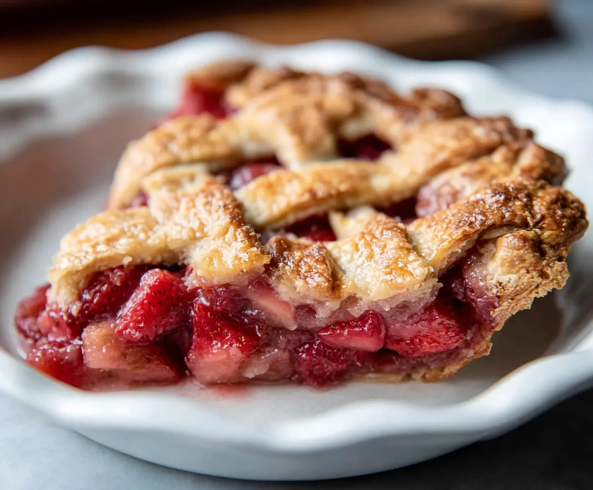 Delicious homemade rhubarb strawberry pie with a golden crust and fresh fruit filling