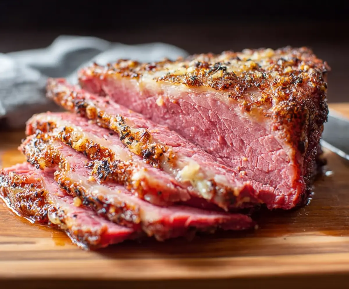 Juicy roasted corned beef served with crispy vegetables on a platter