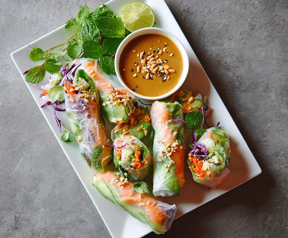 Fresh salmon spring rolls with colorful vegetables and peanut sauce on a white plate