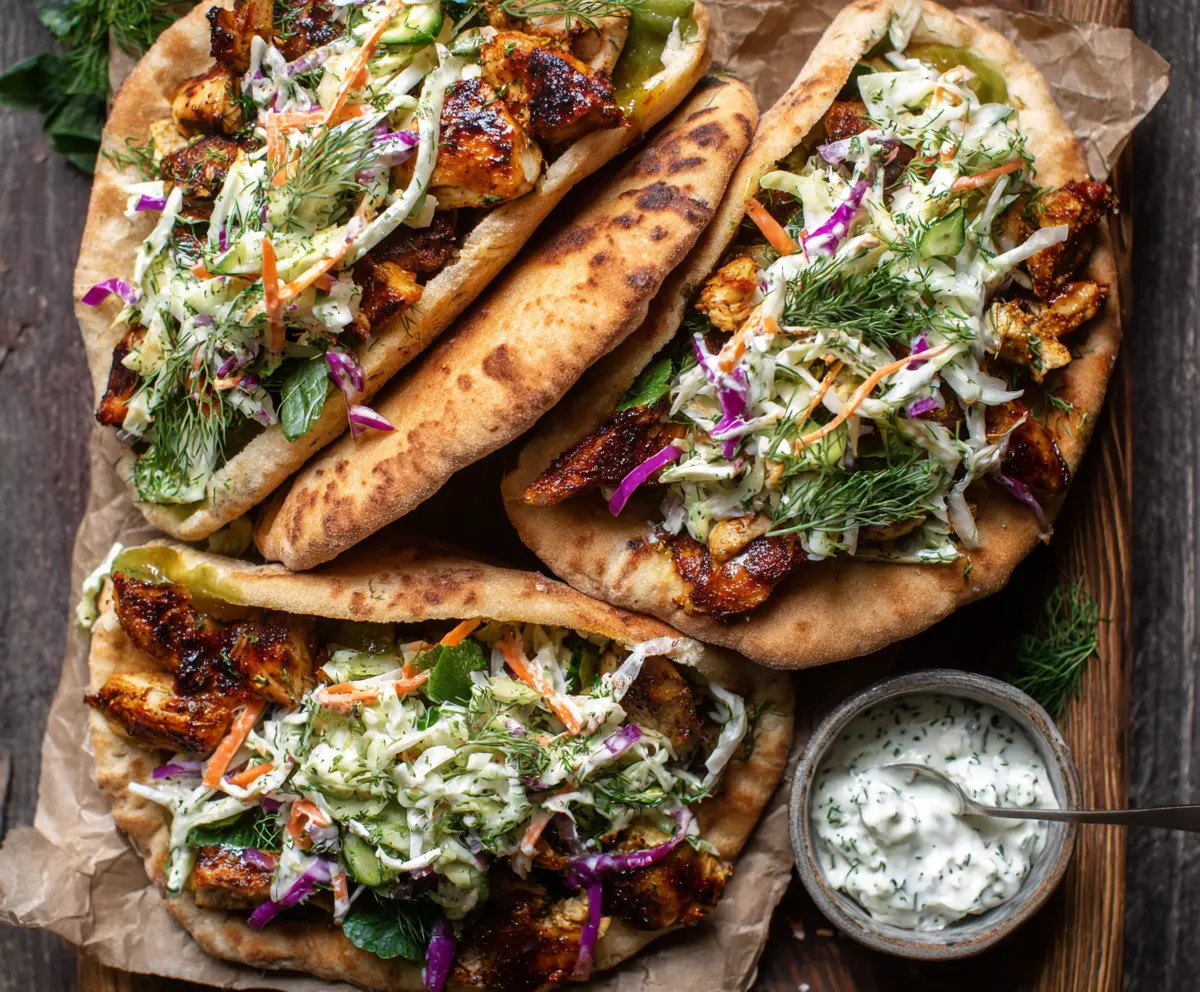 Delicious sheet pan chicken pitas topped with fresh herb ranch slaw for a healthy meal.