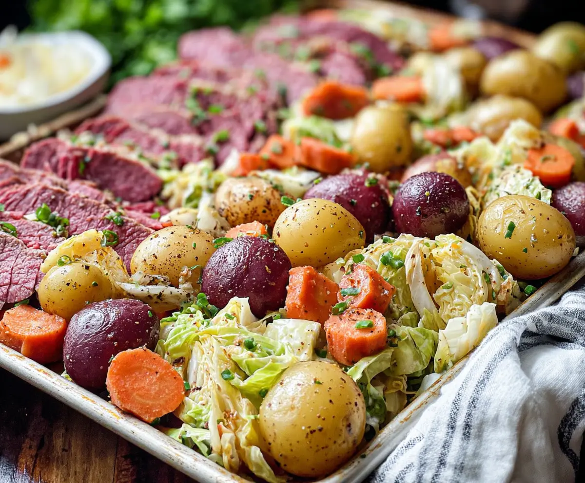 Delicious sheet pan corned beef and cabbage meal served hot with fresh vegetables.