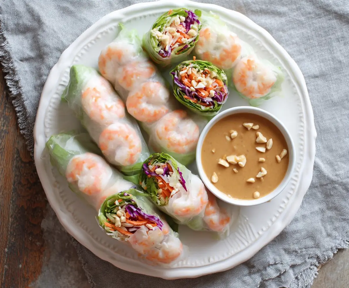 Delicious shrimp spring rolls with fresh vegetables and herbs served with creamy peanut sauce