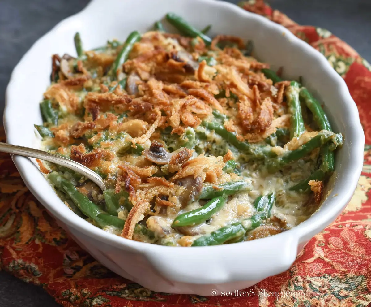 Delicious homemade Green Bean Casserole with crispy fried onions on top, perfect for holiday dinners.