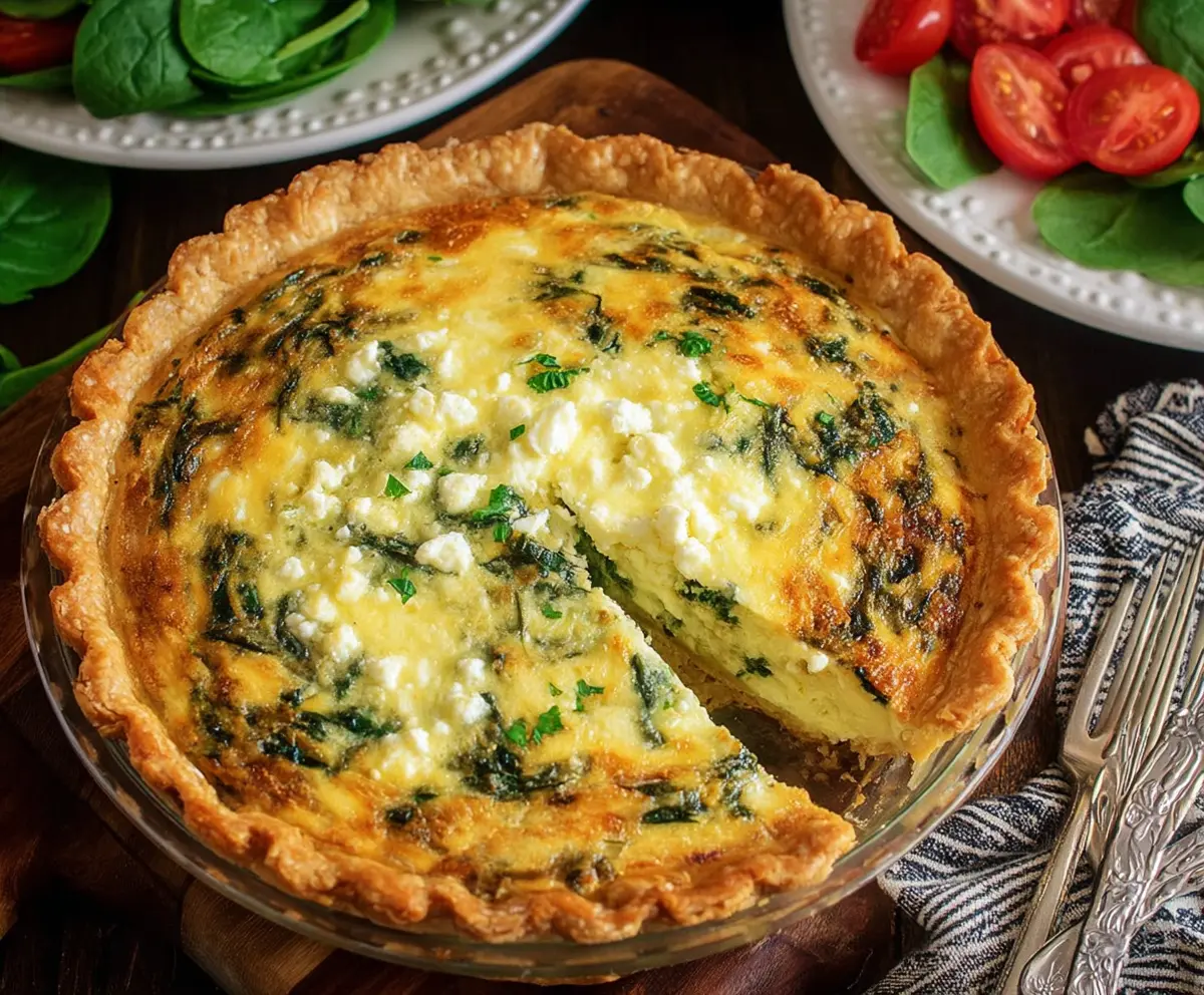 Delicious spinach and feta quiche with a golden crust, perfect for breakfast or brunch.