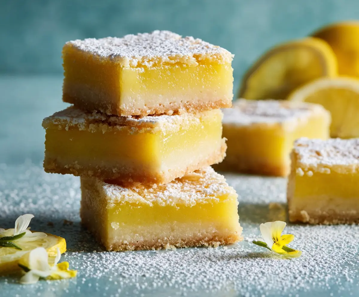 Delicious spring lemon bars with a zesty lemon glaze and powdered sugar topping on a rustic white plate.