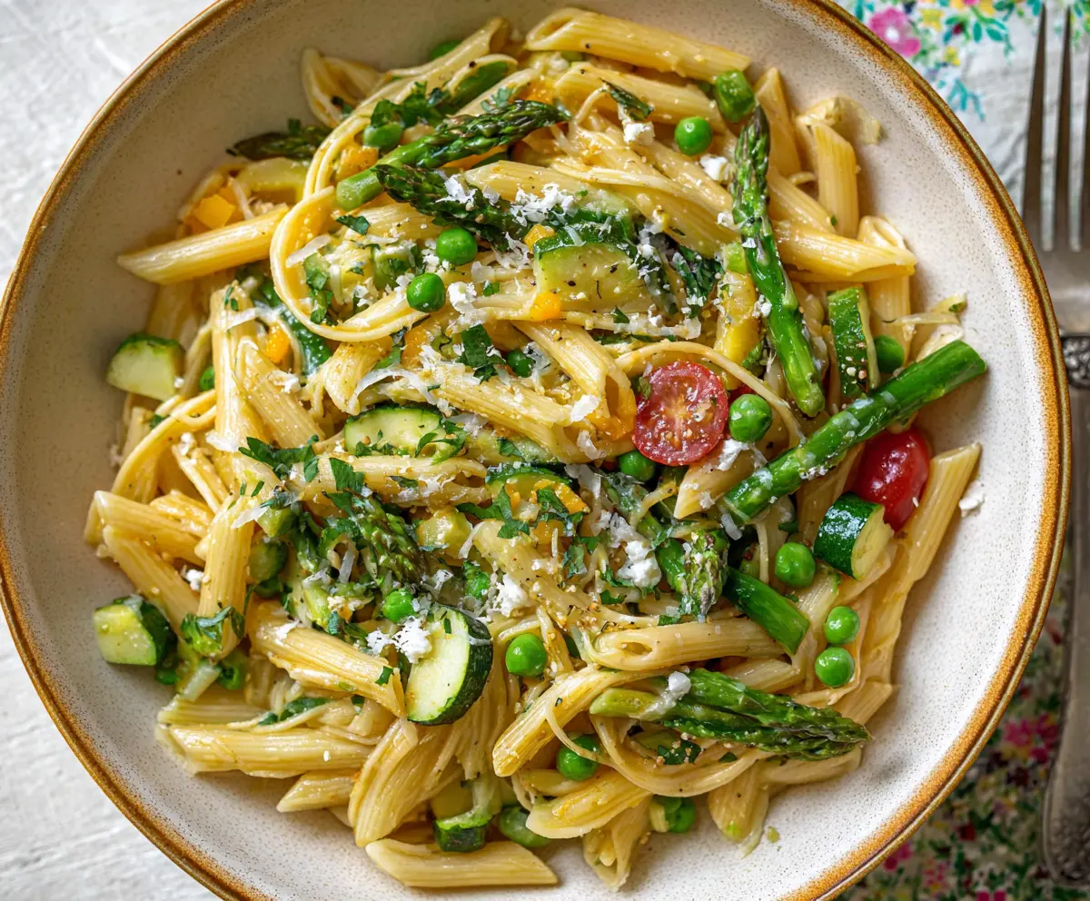 Colorful spring vegetable pasta with fresh asparagus, cherry tomatoes, and basil garnished on a white plate.