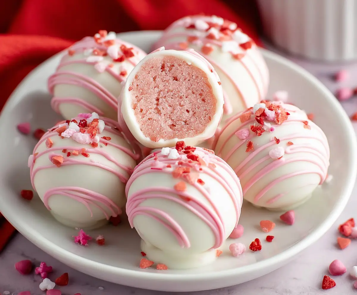 Delicious strawberry cake balls garnished with fresh strawberries on a white plate