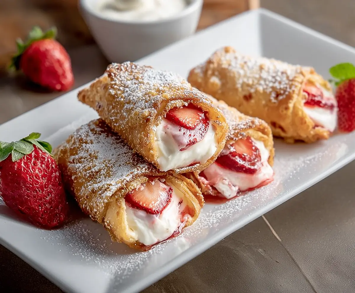 Delicious strawberry cheesecake egg rolls with creamy filling and crispy exterior, perfect for dessert.