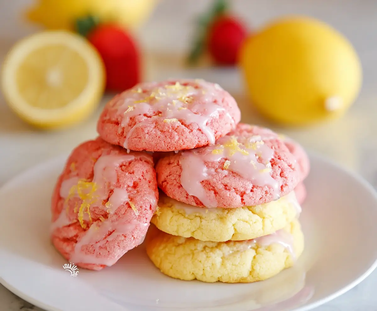 Delicious Strawberry Lemonade Cookies garnished with fresh strawberries and lemon zest.